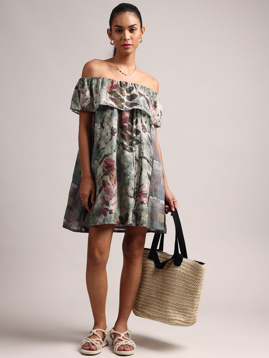 Zaccai Women's Grey Cotton Linen Floral Dress - Distacart