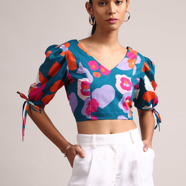 Zaccai Women's Teal Cambric Floral Top - Distacart