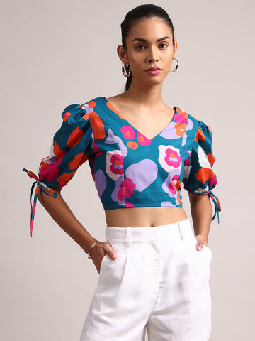 Zaccai Women's Teal Cambric Floral Top - Distacart