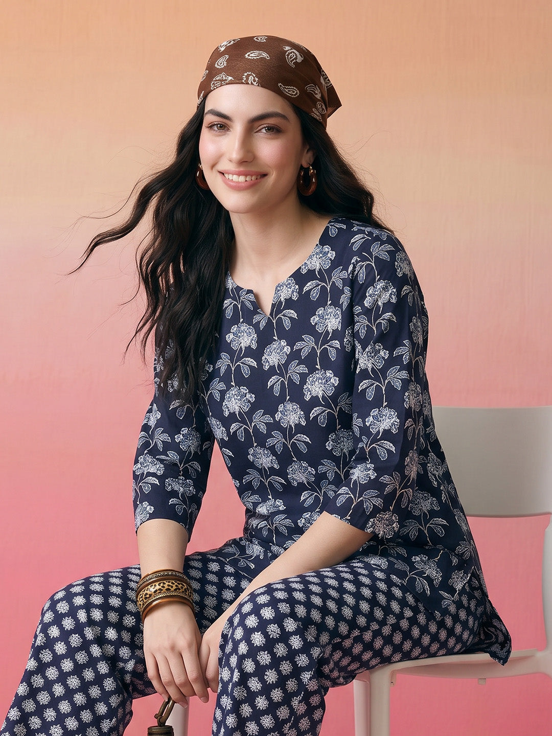 Janasya Navy Blue Straight Cotton Pant Co-ord Sets - Dista