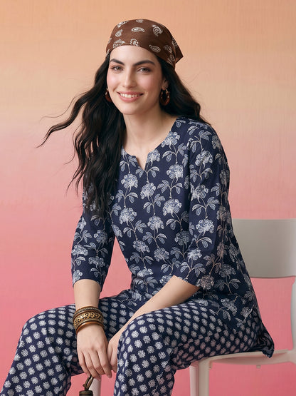 Janasya Navy Blue Straight Cotton Pant Co-ord Sets - Dista