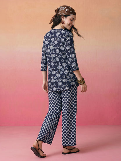 Janasya Navy Blue Straight Cotton Pant Co-ord Sets - Dista
