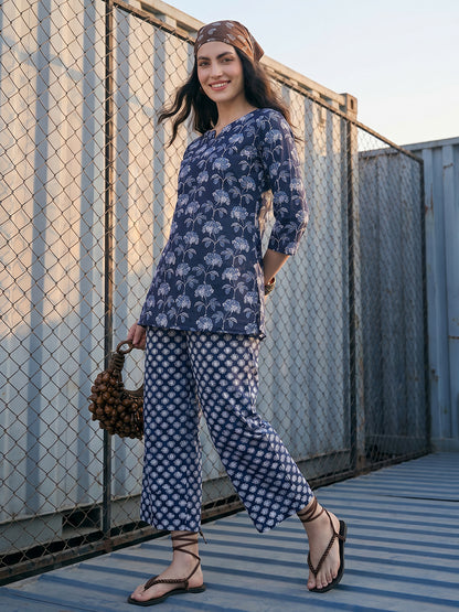 Janasya Navy Blue Straight Cotton Pant Co-ord Sets - Dista