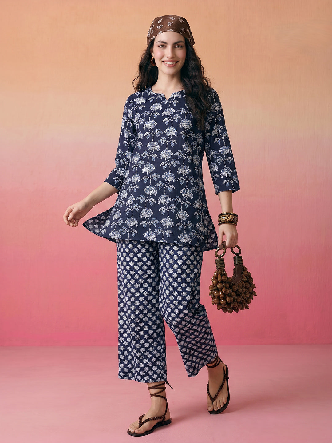 Janasya Navy Blue Straight Cotton Pant Co-ord Sets - Dista