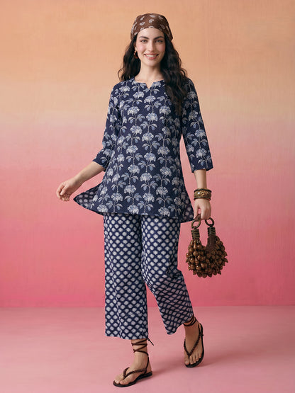 Janasya Navy Blue Straight Cotton Pant Co-ord Sets - Dista