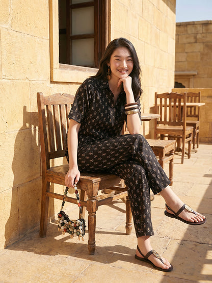 Janasya Black Straight Cotton Pant Co-ord Sets - Dista