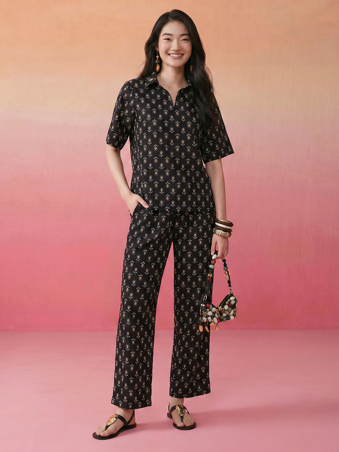 Janasya Black Straight Cotton Pant Co-ord Sets - Dista