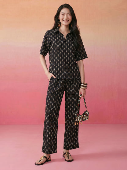 Janasya Black Straight Cotton Pant Co-ord Sets - Dista