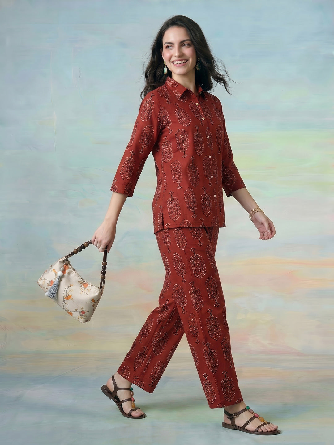 Janasya Rust Straight Cotton Pant Co-ord Sets - Dista