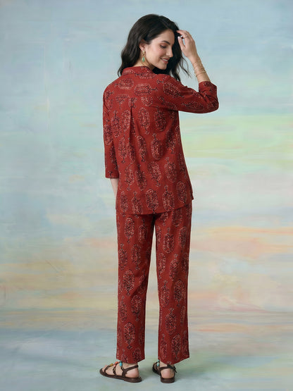 Janasya Rust Straight Cotton Pant Co-ord Sets - Dista