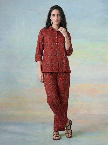 Janasya Rust Straight Cotton Pant Co-ord Sets - Dista