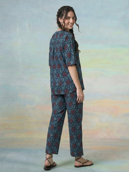 Janasya Navy Blue Straight Cotton Pant Co-ord Sets - Dista