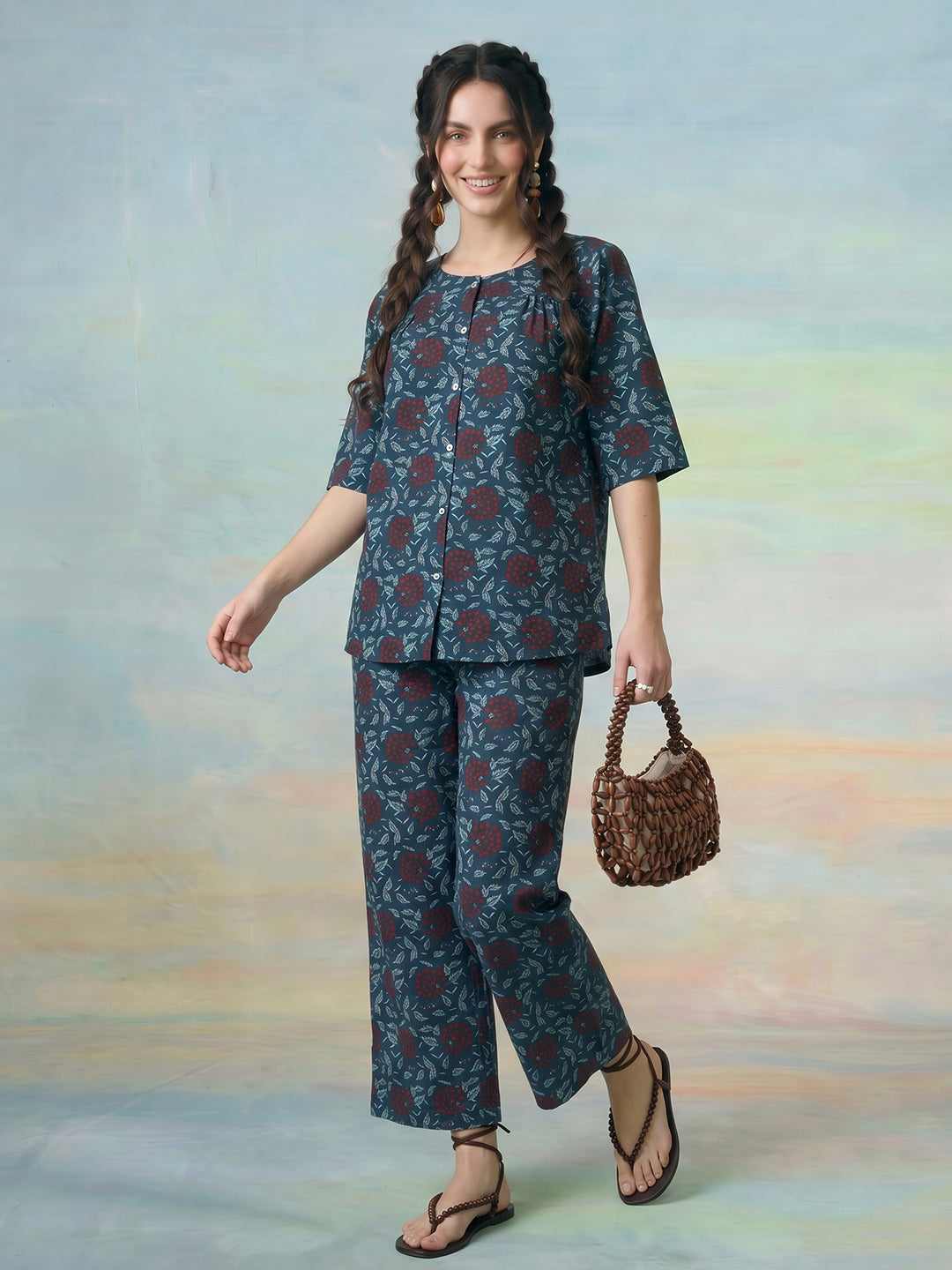 Janasya Navy Blue Straight Cotton Pant Co-ord Sets - Dista