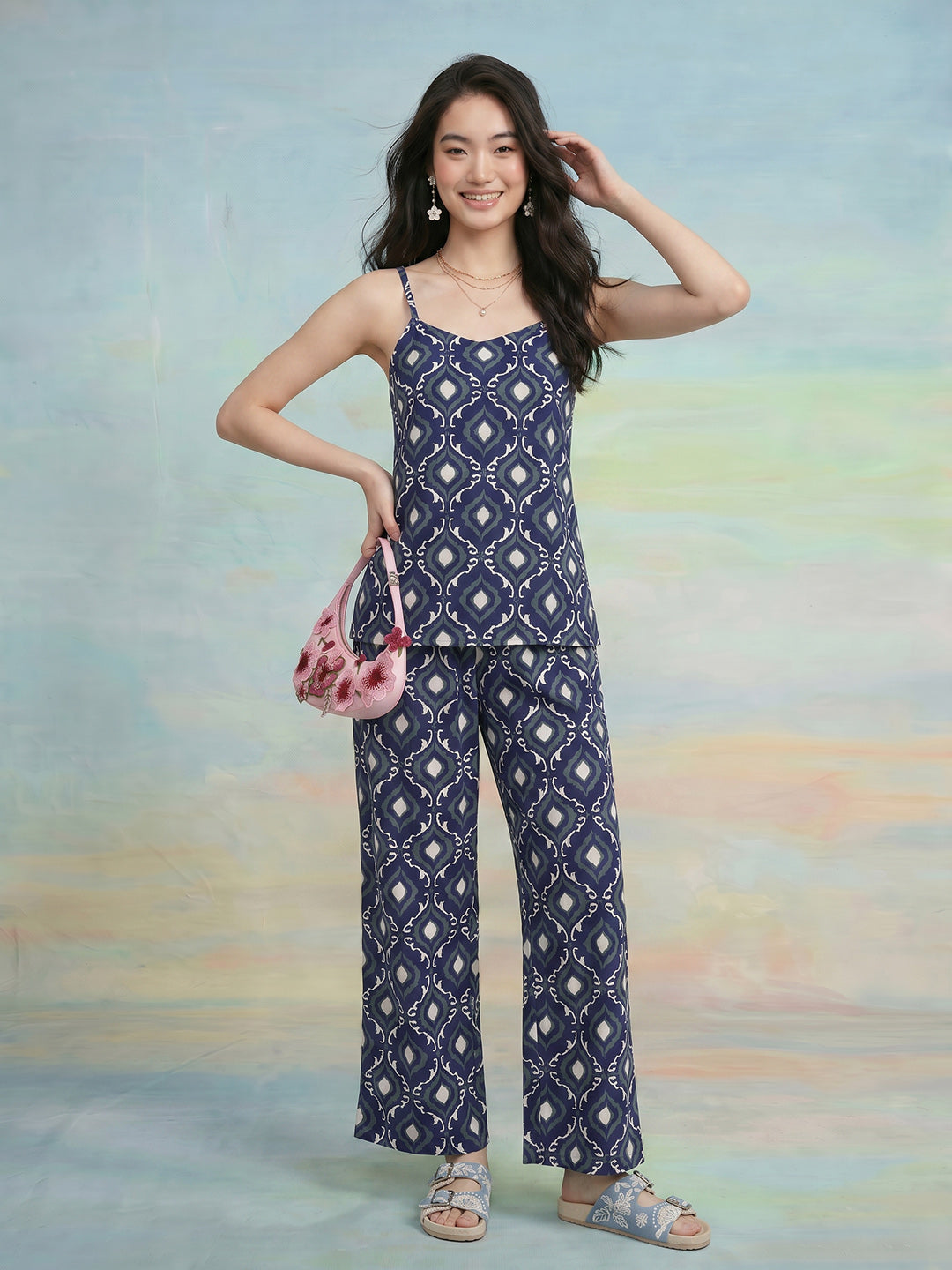 Janasya Navy Blue Straight Cotton Pant Co-ord Sets - Dista