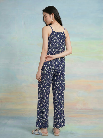 Janasya Navy Blue Straight Cotton Pant Co-ord Sets - Dista