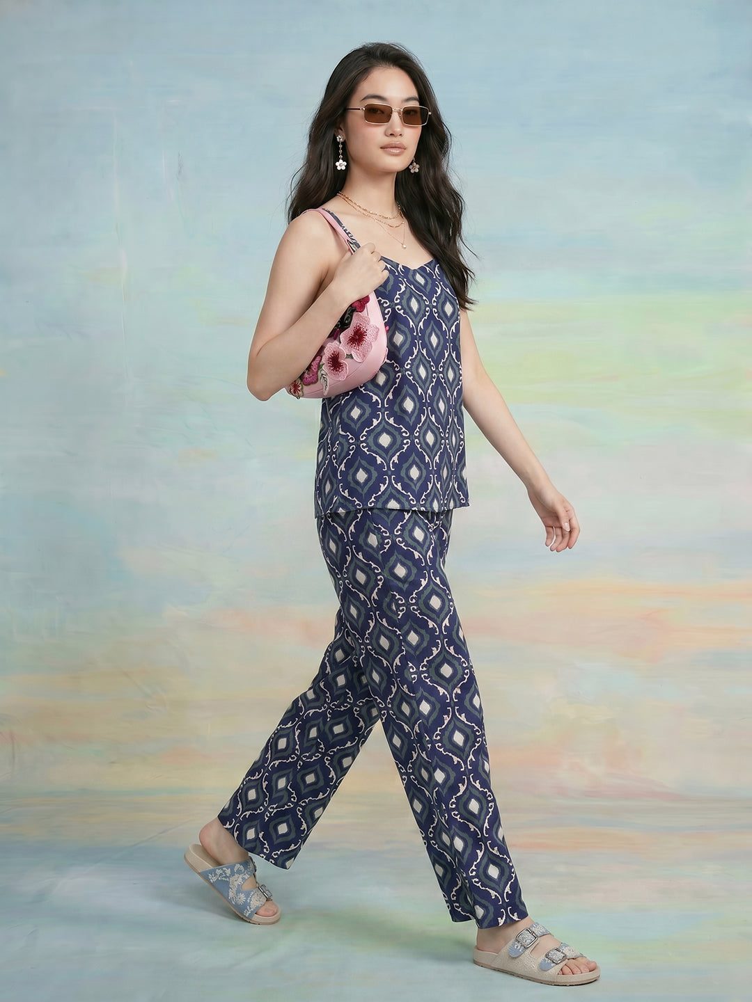 Janasya Navy Blue Straight Cotton Pant Co-ord Sets - Dista
