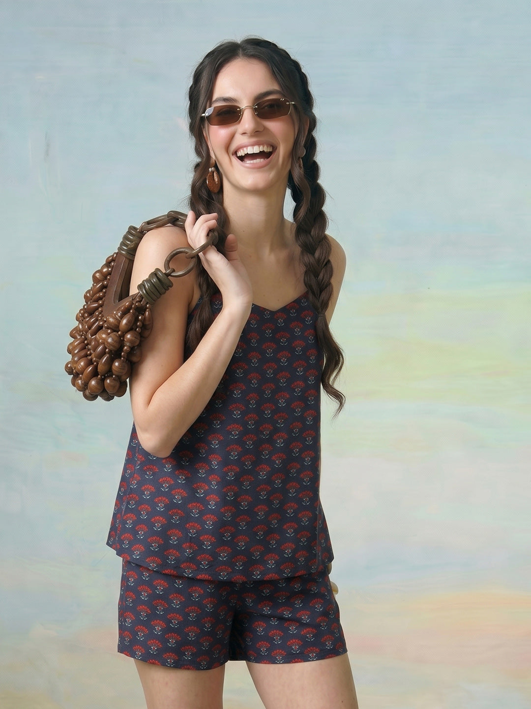 Janasya Blue Straight Cotton Shorts Co-ord Sets - Dista