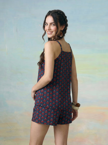 Janasya Blue Straight Cotton Shorts Co-ord Sets - Dista