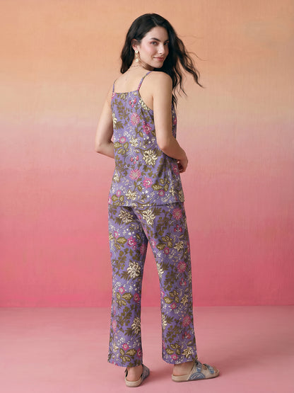 Janasya Lavender Straight Cotton Pant Co-ord Sets - Dista