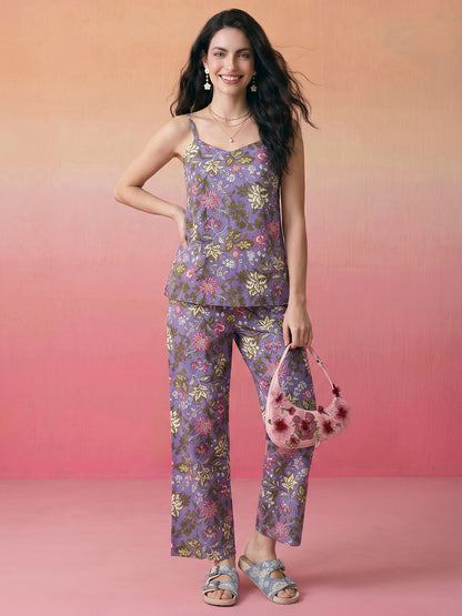 Janasya Lavender Straight Cotton Pant Co-ord Sets - Dista