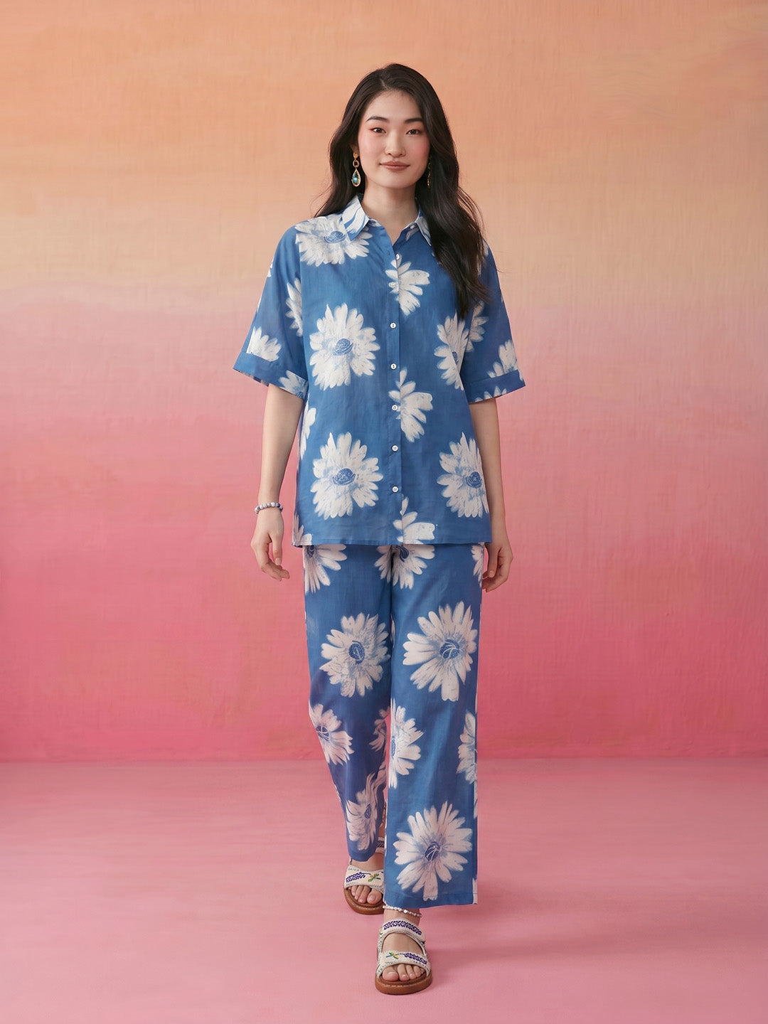 Janasya Blue Straight Cotton Pant Co-ord Sets - Dista
