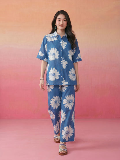 Janasya Blue Straight Cotton Pant Co-ord Sets - Dista