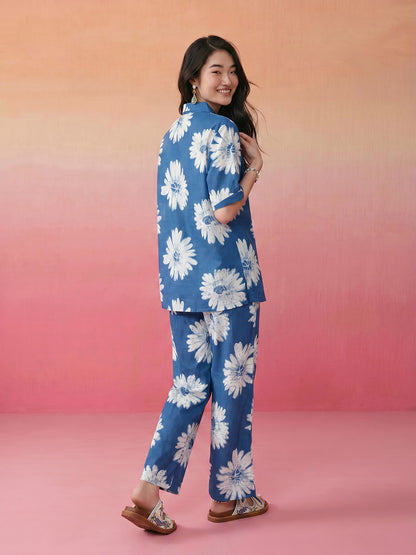 Janasya Blue Straight Cotton Pant Co-ord Sets - Dista