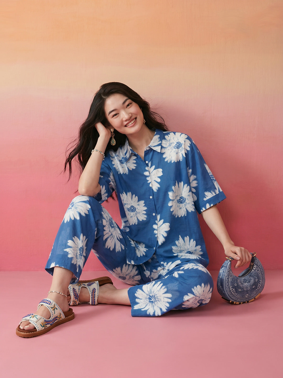 Janasya Blue Straight Cotton Pant Co-ord Sets - Dista