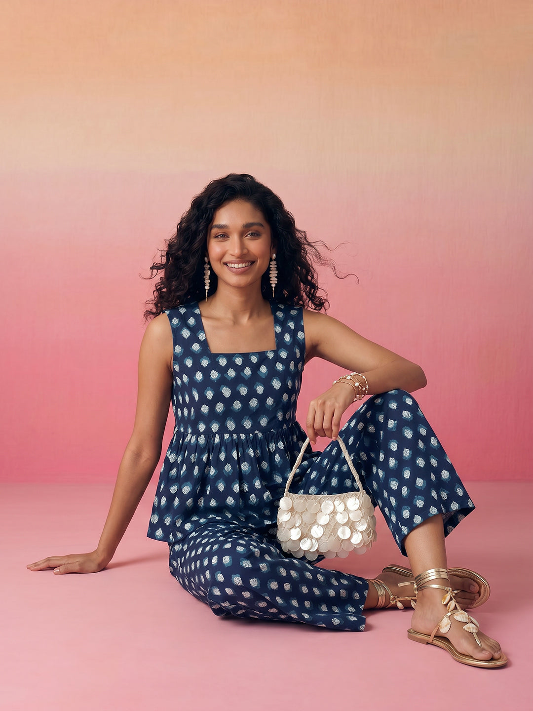 Janasya Navy Blue A-Line Cotton Pant Co-ord Sets - Dista