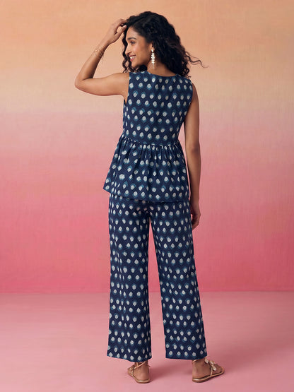 Janasya Navy Blue A-Line Cotton Pant Co-ord Sets - Dista