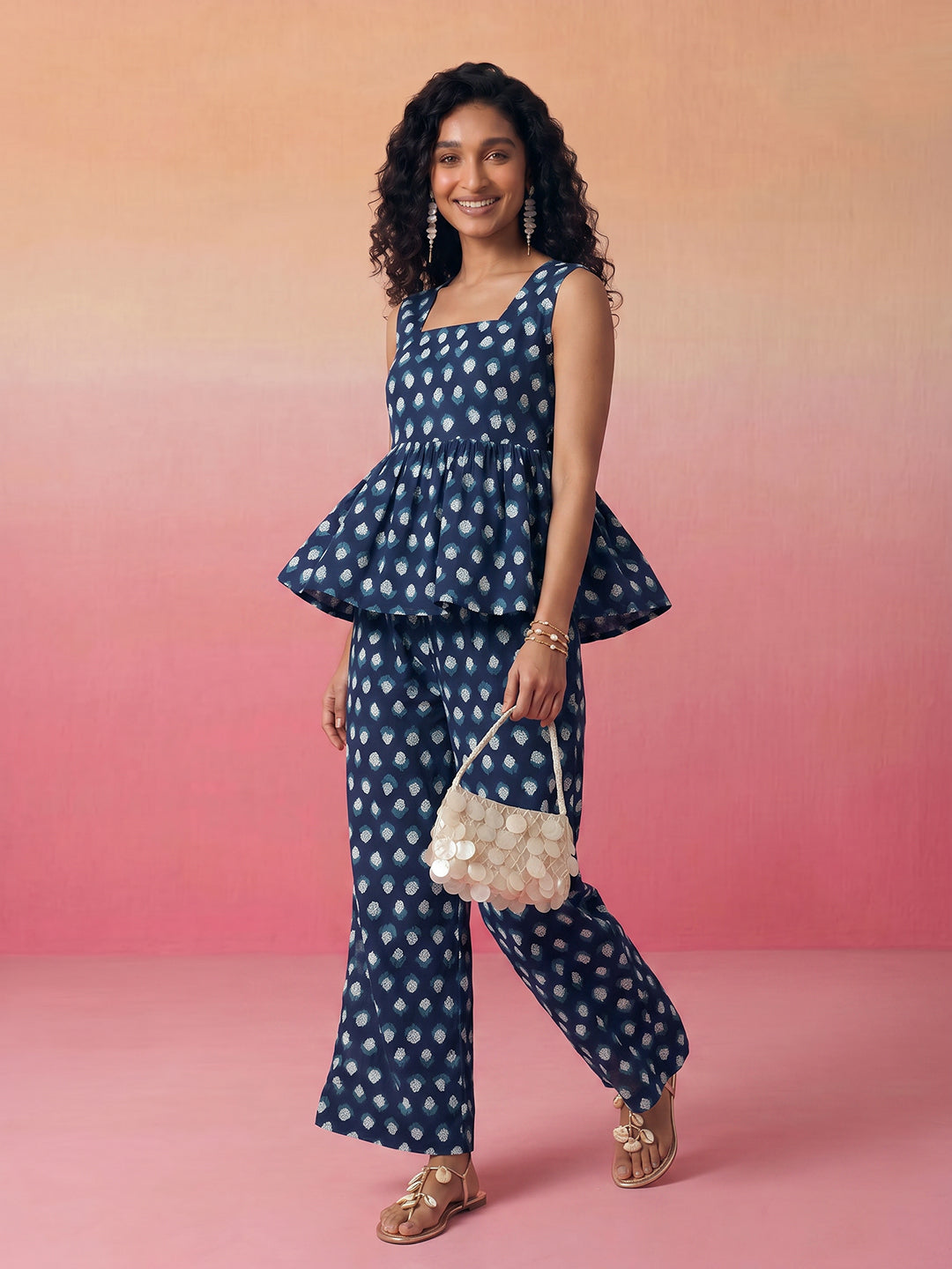 Janasya Navy Blue A-Line Cotton Pant Co-ord Sets - Dista