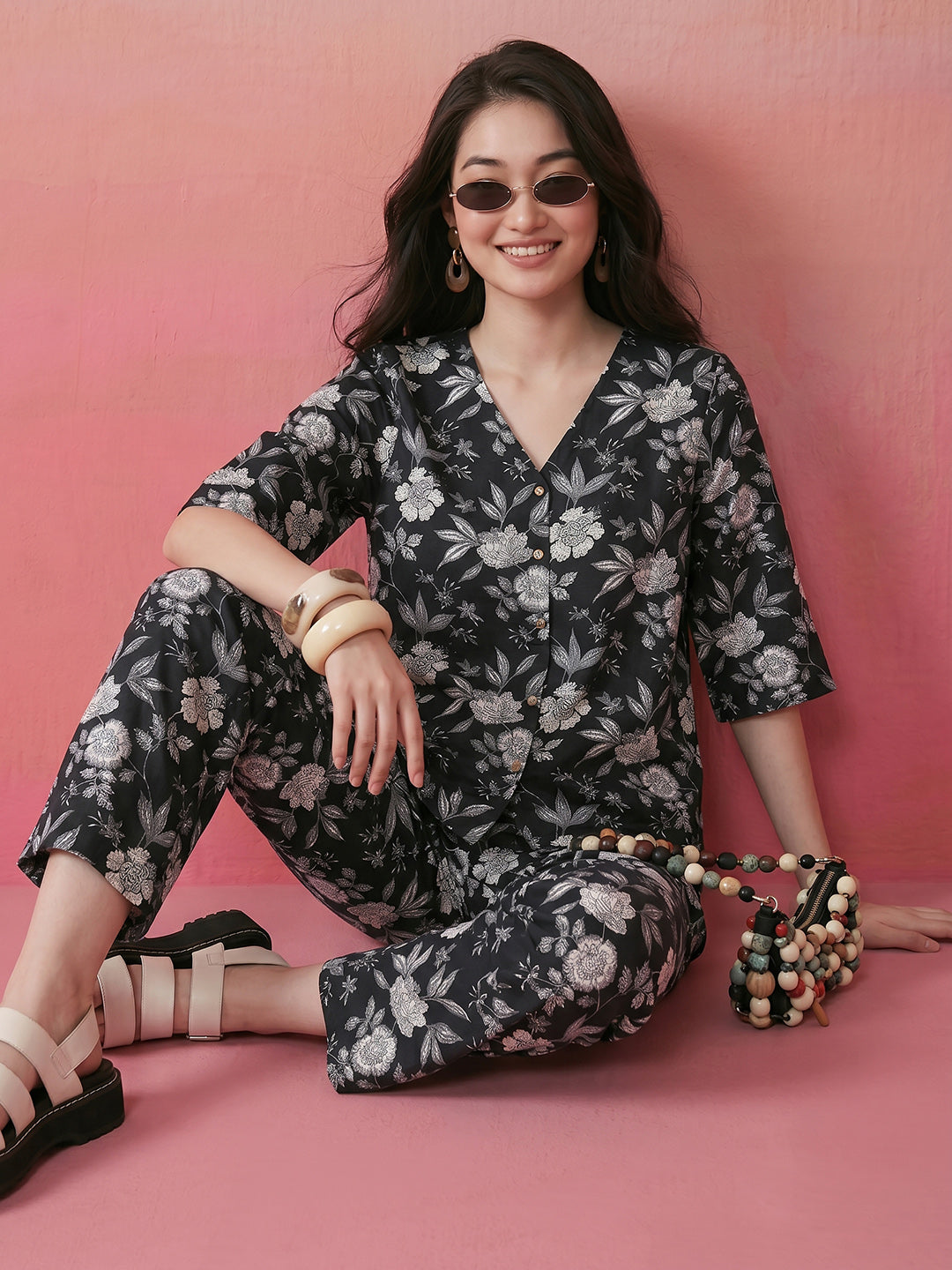 Janasya Black Straight Cotton Pant Co-ord Sets - Dista