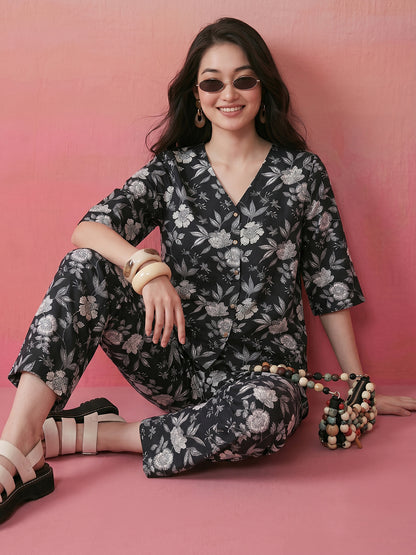 Janasya Black Straight Cotton Pant Co-ord Sets - Dista