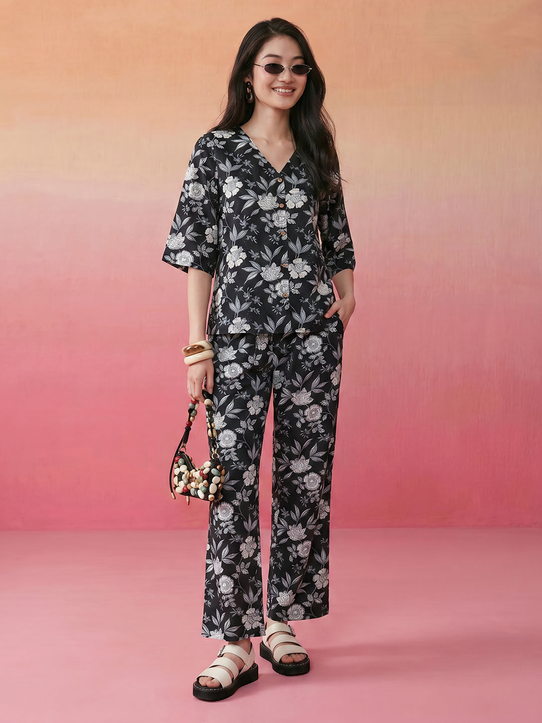 Janasya Black Straight Cotton Pant Co-ord Sets - Dista