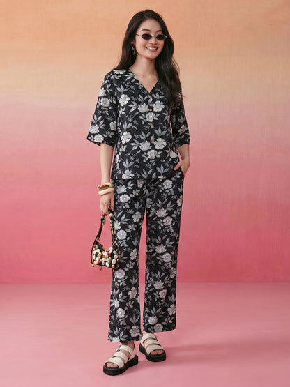 Janasya Black Straight Cotton Pant Co-ord Sets - Dista