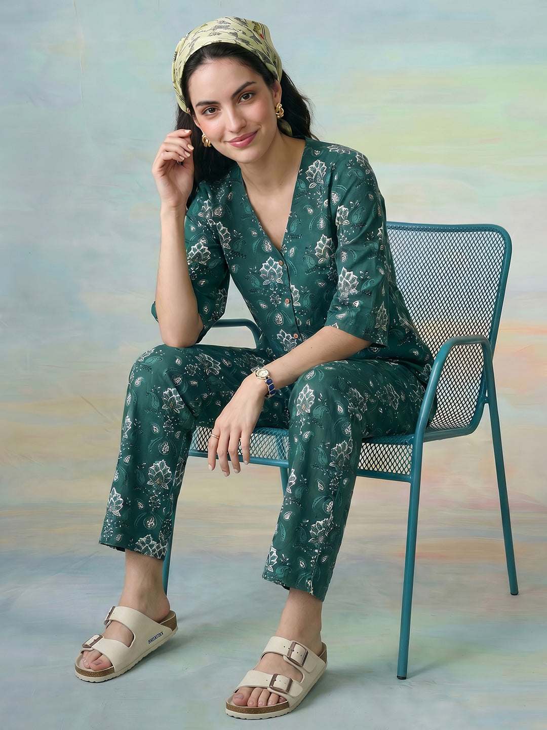 Janasya Teal Straight Cotton Pant Co-ord Sets - Dista
