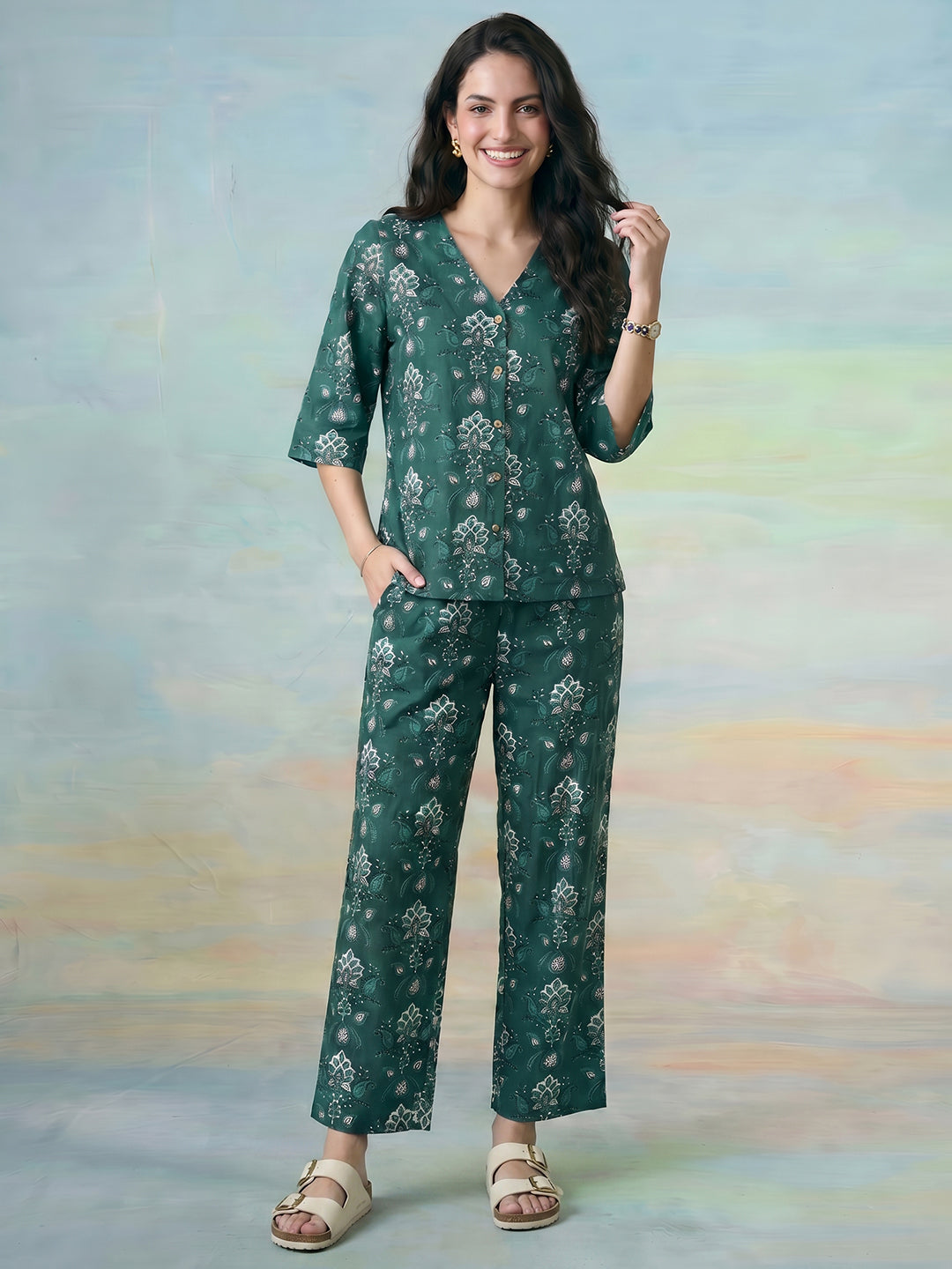Janasya Teal Straight Cotton Pant Co-ord Sets - Dista