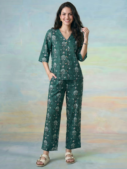 Janasya Teal Straight Cotton Pant Co-ord Sets - Dista