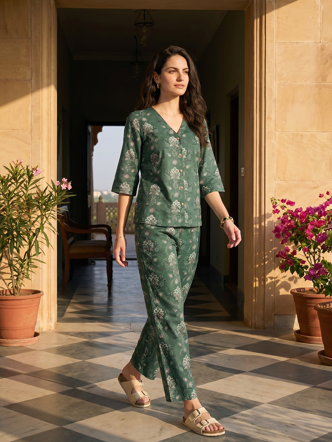 Janasya Teal Straight Cotton Pant Co-ord Sets - Dista