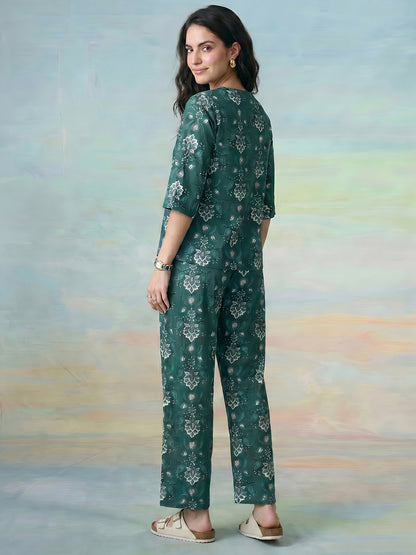 Janasya Teal Straight Cotton Pant Co-ord Sets - Dista