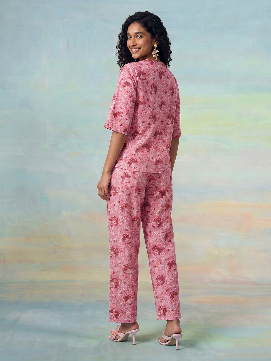 Janasya Pink Straight Cotton Pant Co-ord Sets - Dista