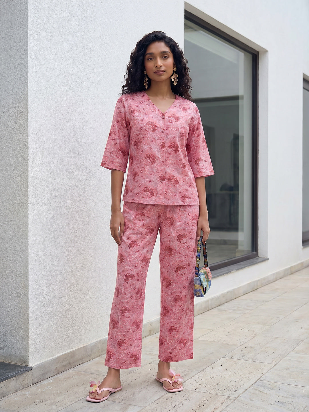 Janasya Pink Straight Cotton Pant Co-ord Sets - Dista