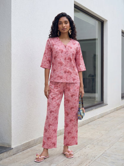 Janasya Pink Straight Cotton Pant Co-ord Sets - Dista