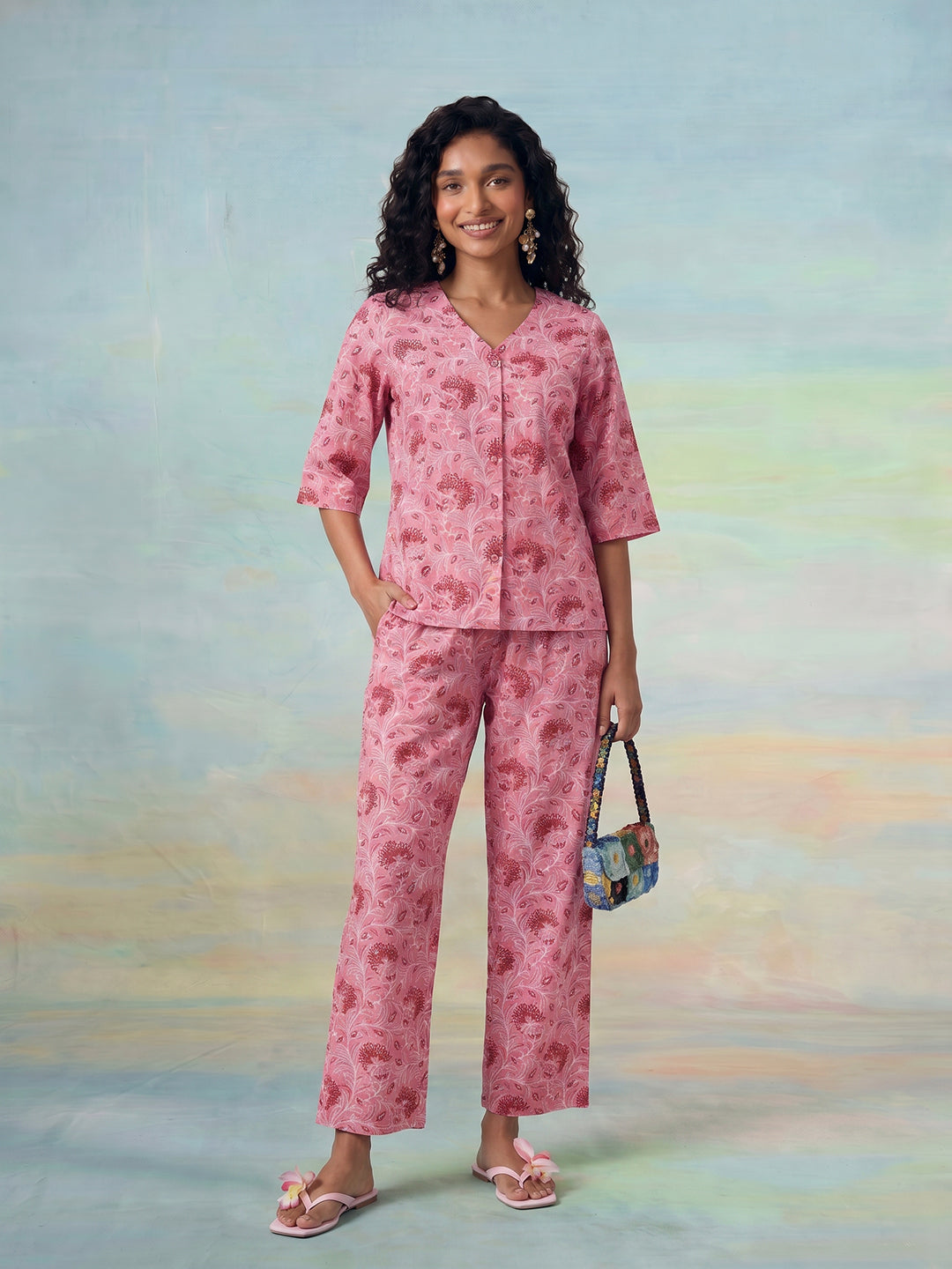 Janasya Pink Straight Cotton Pant Co-ord Sets - Dista