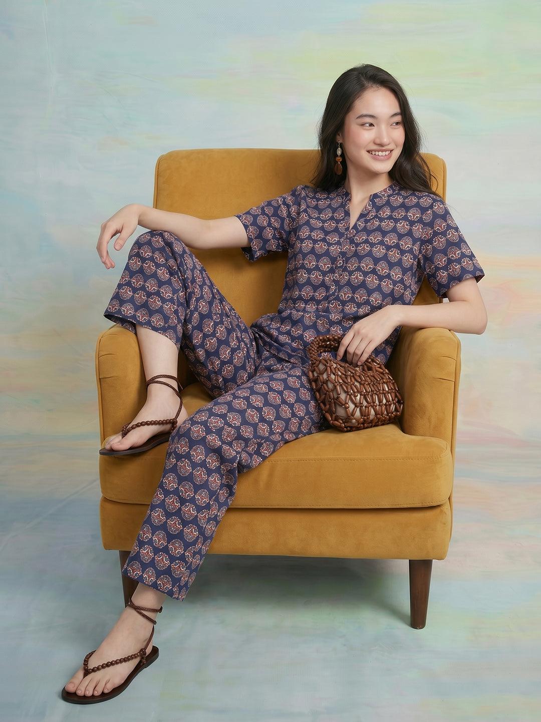 Janasya Navy Blue Straight Cotton Pant Co-ord Sets - Dista