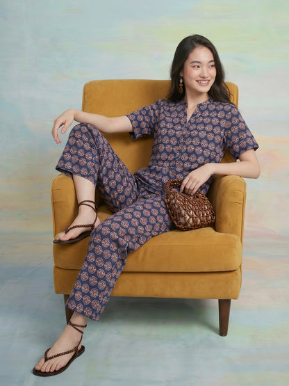 Janasya Navy Blue Straight Cotton Pant Co-ord Sets - Dista