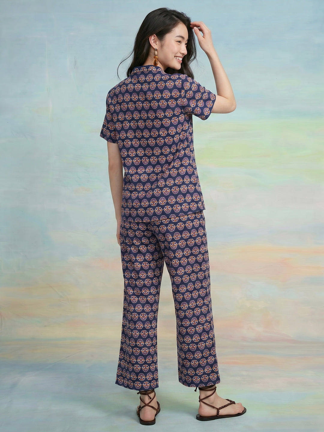 Janasya Navy Blue Straight Cotton Pant Co-ord Sets - Dista