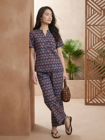 Janasya Navy Blue Straight Cotton Pant Co-ord Sets - Dista
