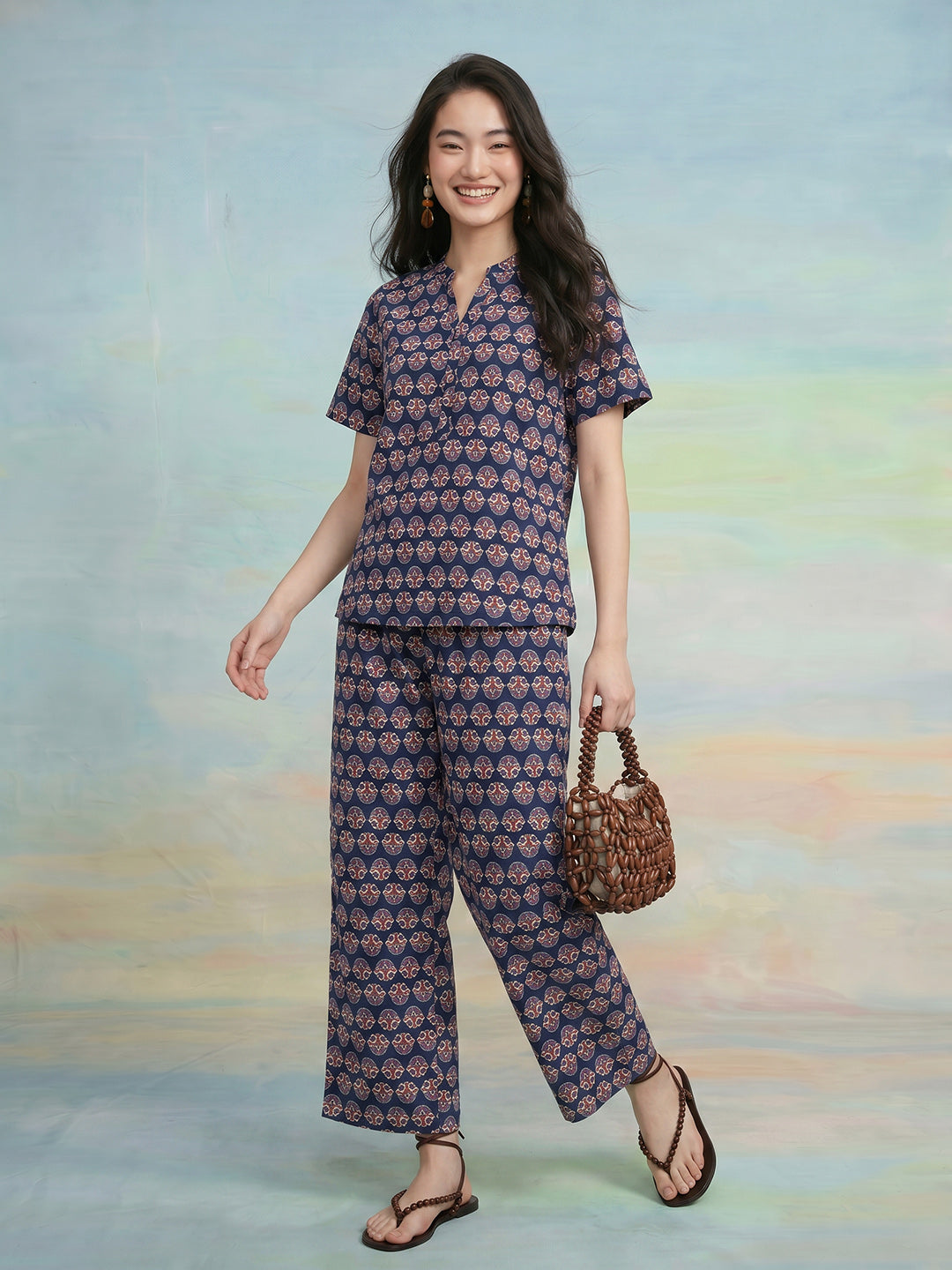 Janasya Navy Blue Straight Cotton Pant Co-ord Sets - Dista