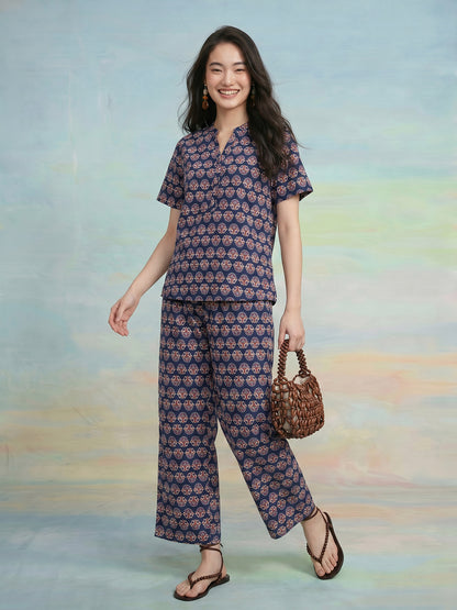 Janasya Navy Blue Straight Cotton Pant Co-ord Sets - Dista